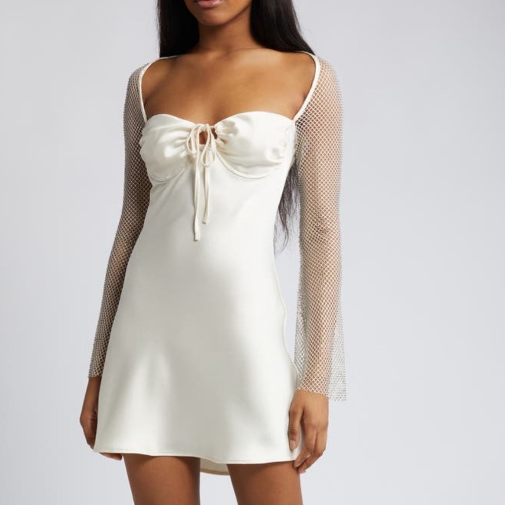Rare London Diamante Long Sleeve Satin & Mesh Cocktail Minidress